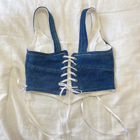 Super cute denim hand made sewn corset top with a lace back. White ribbon, bows - Picture 4 of 4